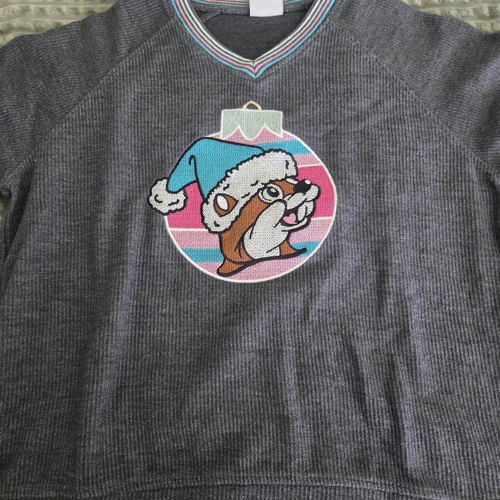 Buc-ees Christmas Sweatshirt Women Size XS Gray Thermal V-Neck Holiday Ornament
